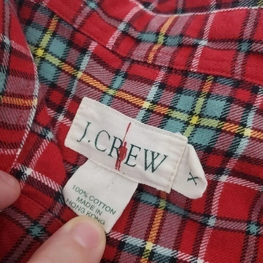 J Crew Shirt XL Plaid Red Green Button Front‎ Long